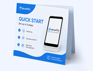 Denefits Quick Start guide showing setup in three steps