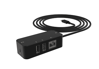 USB-C hub with power, USB and Ethernet ports, with coiled cable