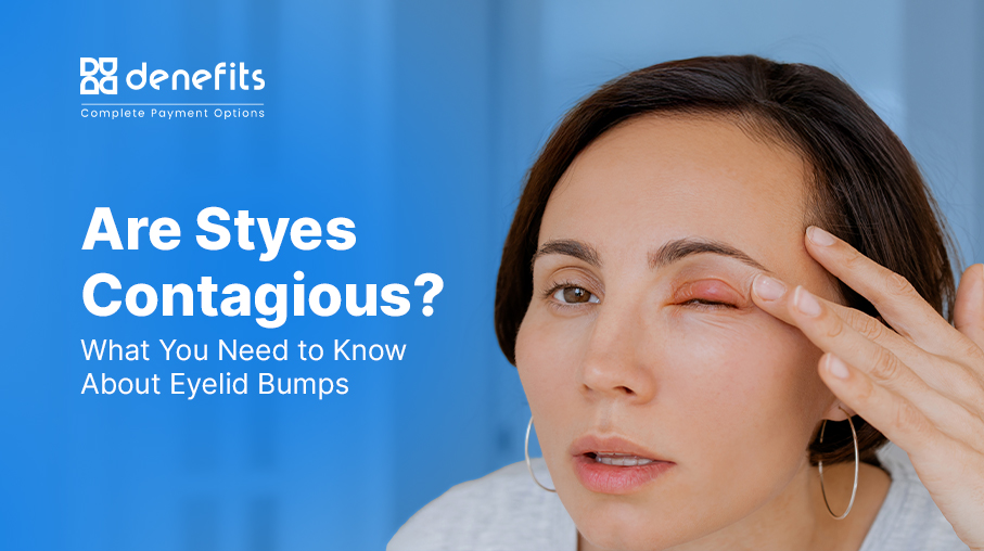 Woman touching her swollen eyelid on a blue banner discussing whether styes are contagious.