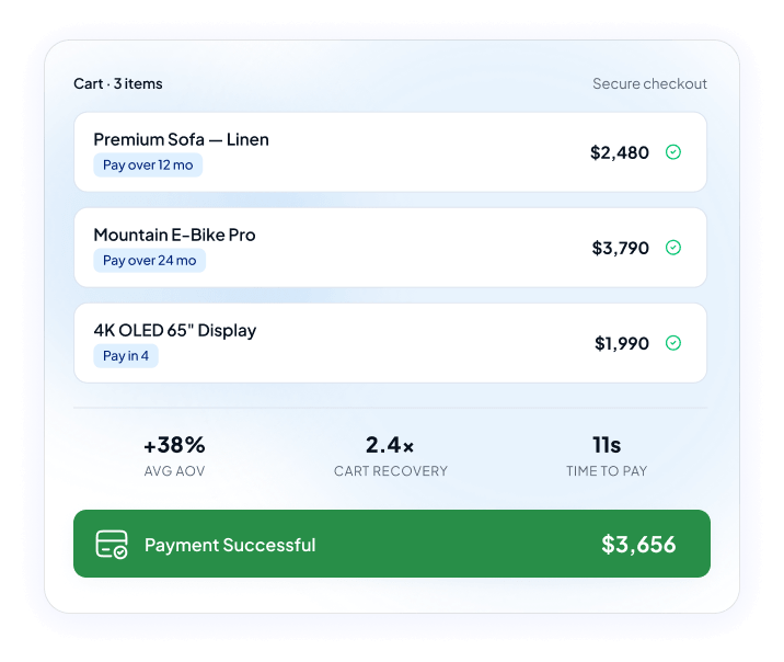 Checkout cart UI showing 3 items: Premium Sofa — Linen, Mountain E-Bike Pro, 4K OLED 65