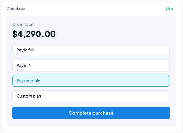 Checkout panel showing total $4,290 and payment options with Pay monthly selected; Complete purchase button available.
