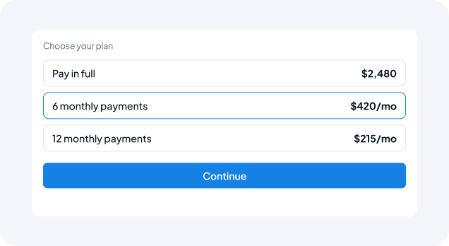 Modal with three plan options: pay in full $2,480; 6 payments $420/mo; 12 payments $215/mo; blue Continue button.