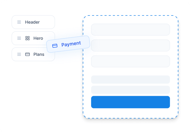 UI mockup of a payment form with rounded fields and a blue submit button, flanked by a left navigation menu showing Header, Hero, Plans; a floating 'Payment' tag.