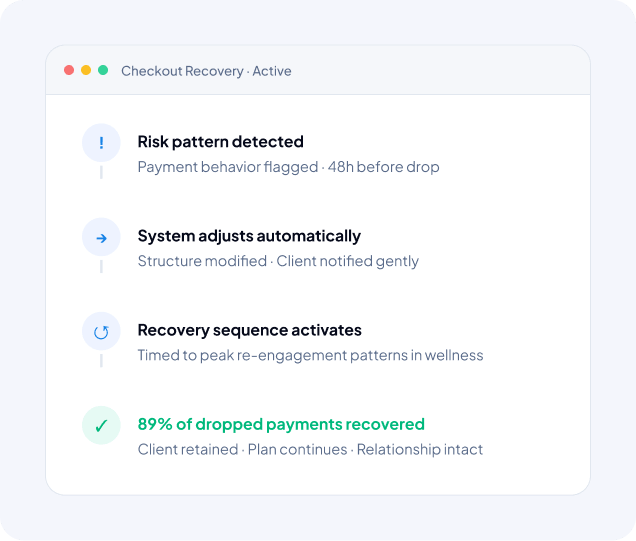 Checkout Recovery status card: Risk pattern detected; System adjusts automatically; Recovery sequence activates; 89% payments recovered.