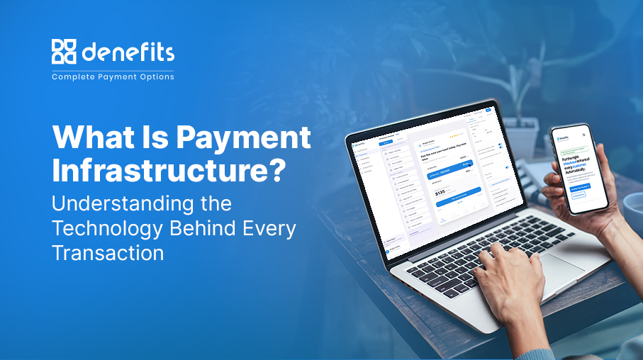 Denefits hero image with the headline 'What Is Payment Infrastructure? Understanding the Technology Behind Every Transaction' and a person using a laptop and a smartphone to view a payment dashboard.