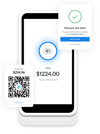 Mobile payment app showing a $1,224.00 total with a circular progress/ NFC icon on the screen, plus a floating QR code card and a payment success popup.
