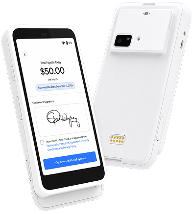 White handheld payment device with a smartphone displaying a $50.00 per month payment screen and signature area, alongside a white card reader attachment.